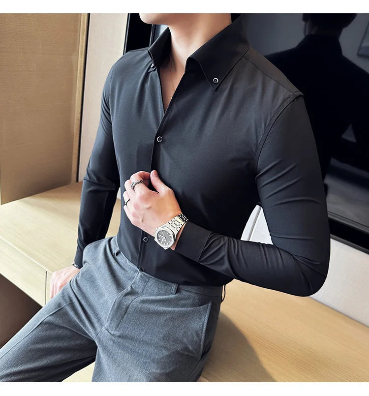 Men Dress Shirt 2025 Autumn British Style Solid Casual Slim Fit