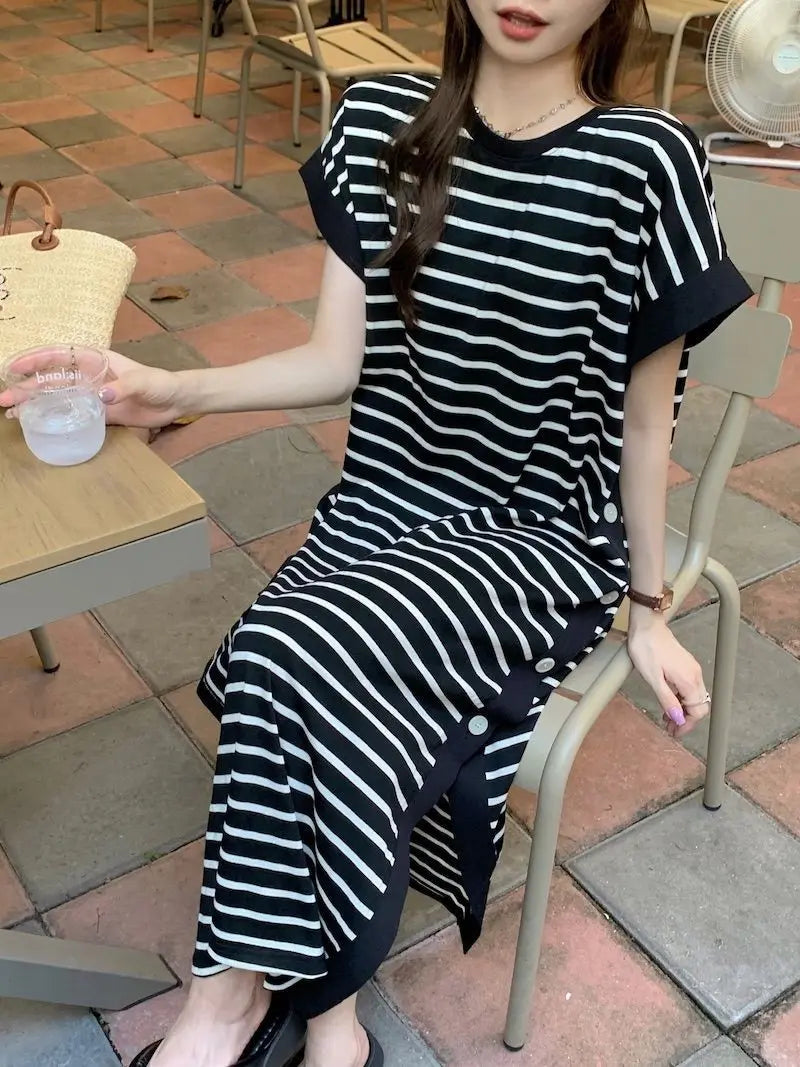 Casual Button Split Striped Dresses Short Sleeve Summer