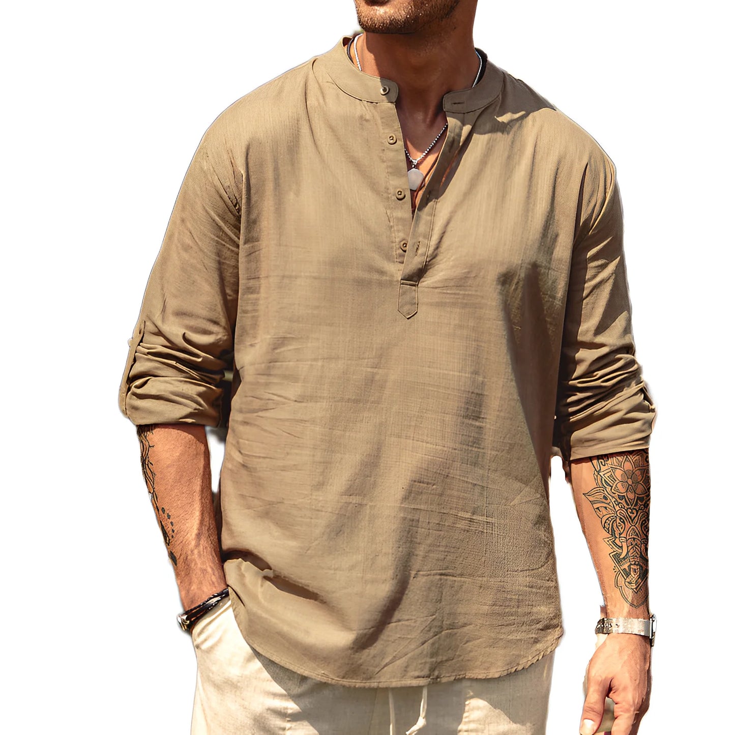 Men's Casual Blouse Cotton Linen Shirt Loose Tops Long Sleeve