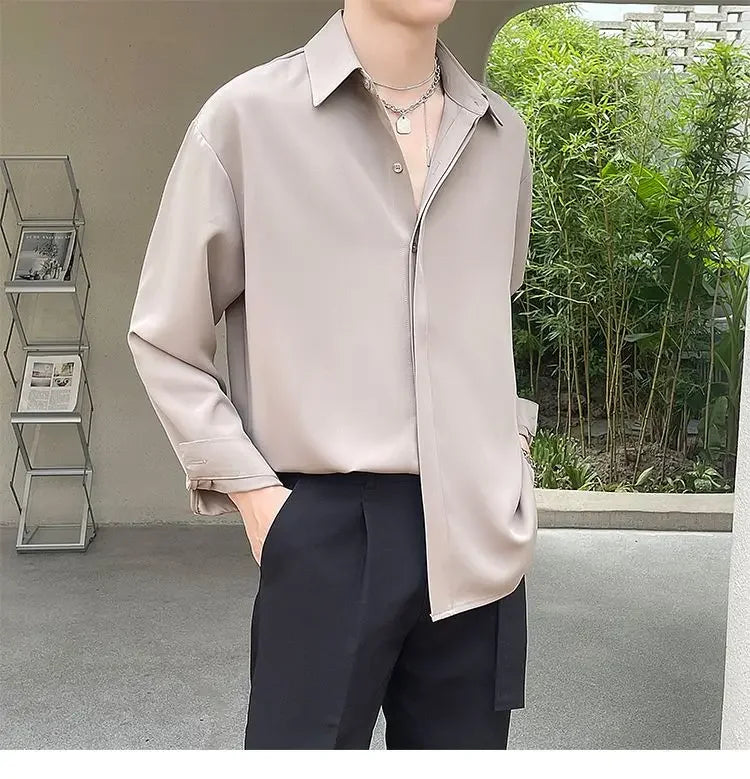 Men's Clothing Gray Chiffon Shirt Spring Fall Korean Style Loose Fit