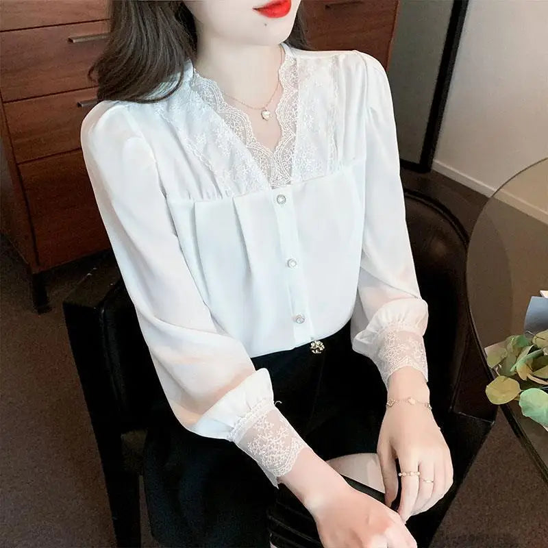 White Chiffon Blouse Spring New V-Neck