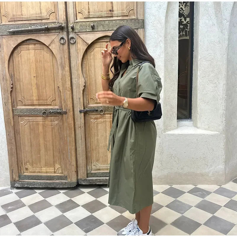 Lace Up Dress Single-Breasted Turn-Down Collar Short Sleeve