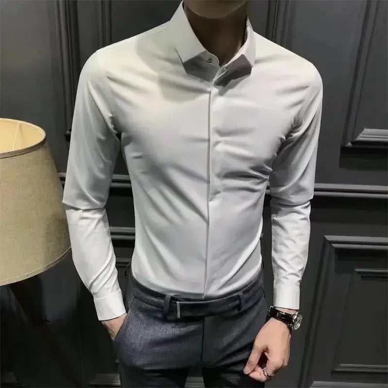 Men's Shirt And Blouse Business Green Long Sleeve Male Top Plain