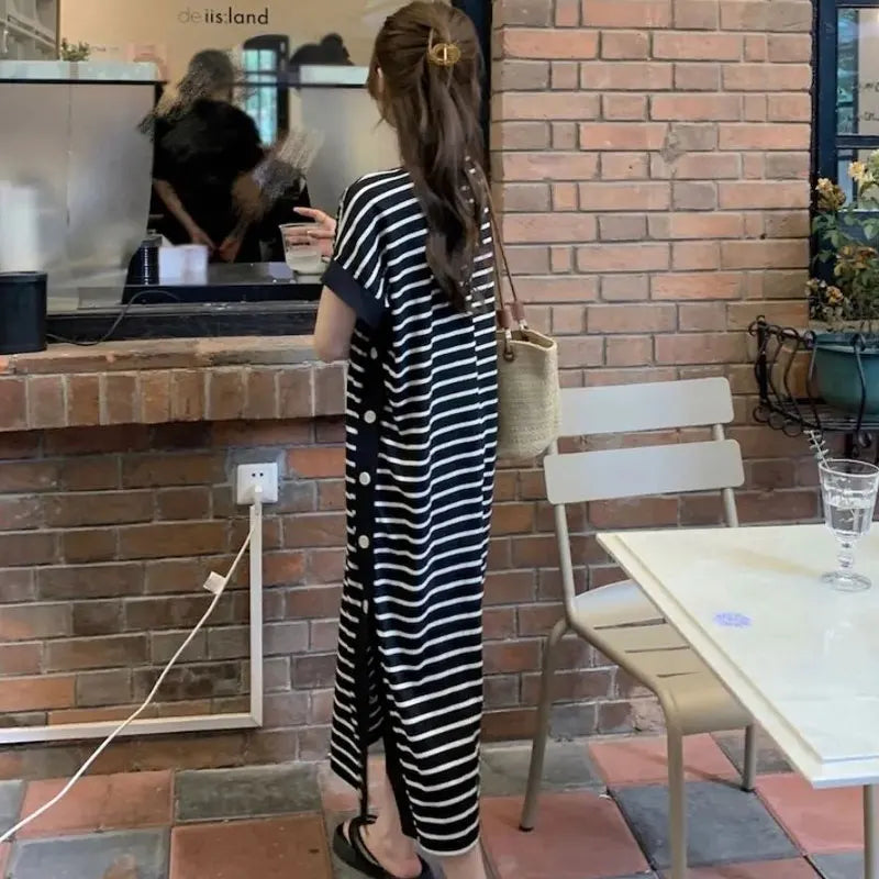 Casual Button Split Striped Dresses Short Sleeve Summer
