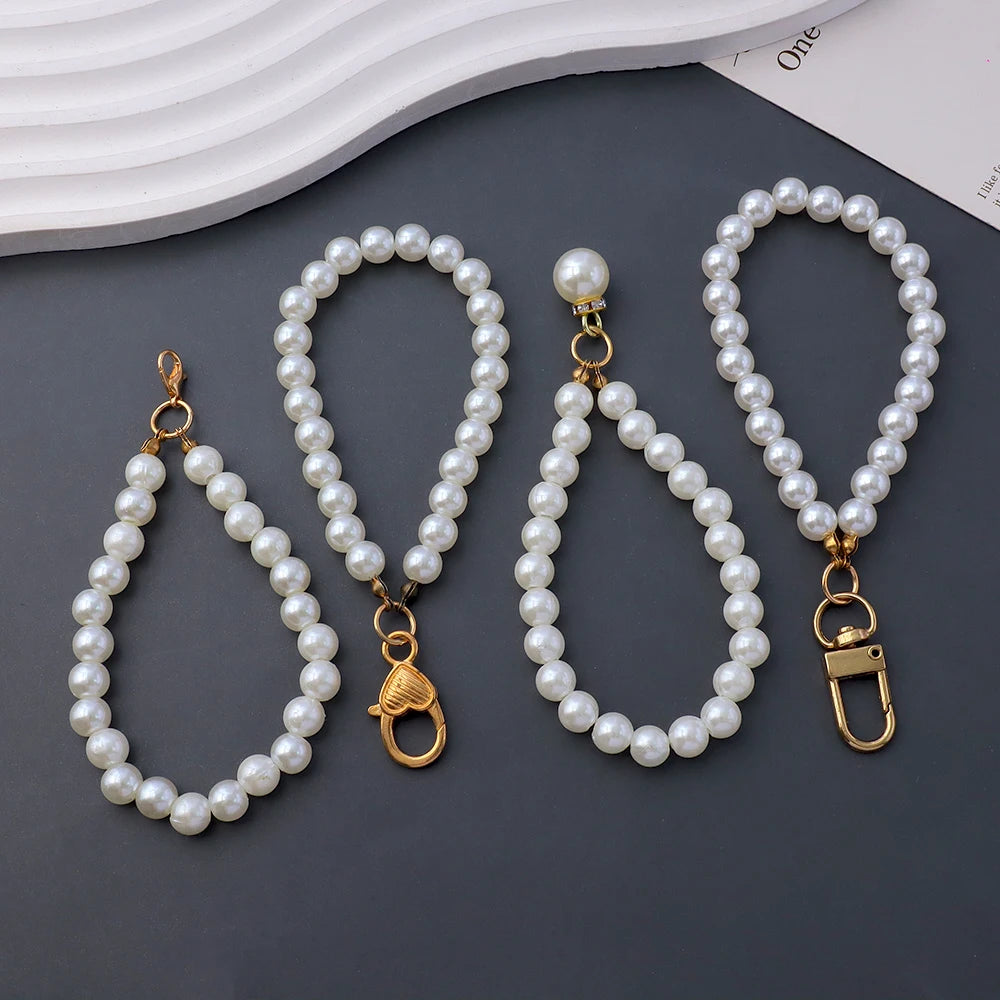 Classic Imitation Pearl Chain With Keyring Women Girls Anti-Loss Beaded