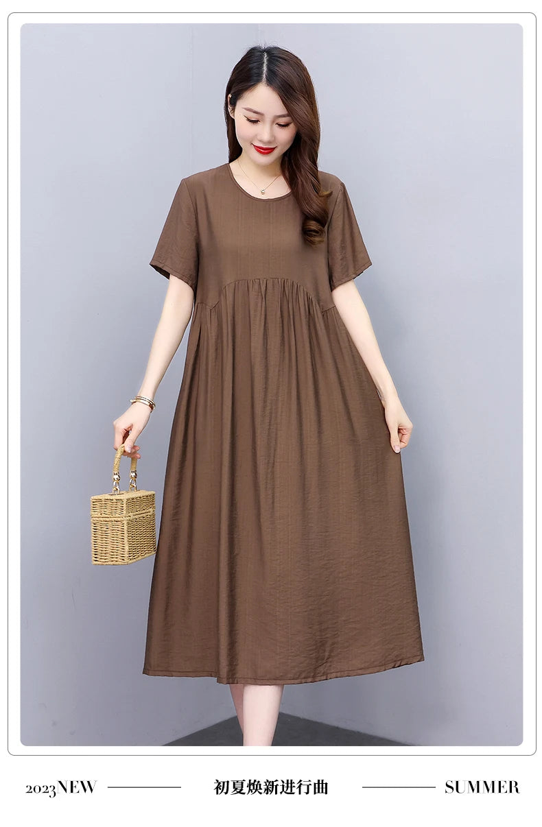 Vintage Elegant Short Sleeve Solid Women Dress O-Neck Dresses