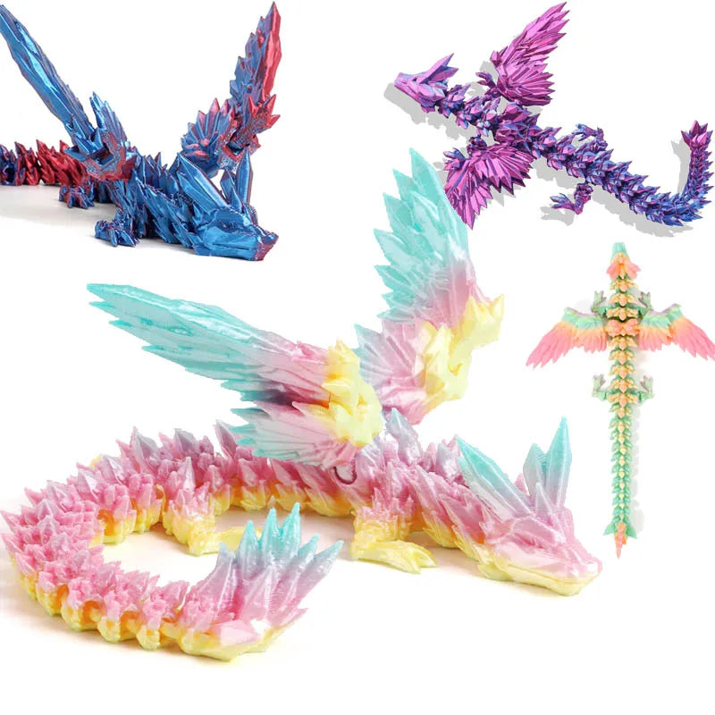3D Printed Dragon Colorful Gem Dragon Figurines Movable Joint Rotatable