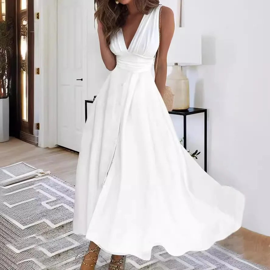 Sleeveless V Neck Side Zipper Style Long Dress Elegant Sundress