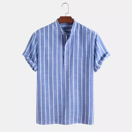 Men Fashion Striped Shirt Short Sleeve Casual Linen Shirts