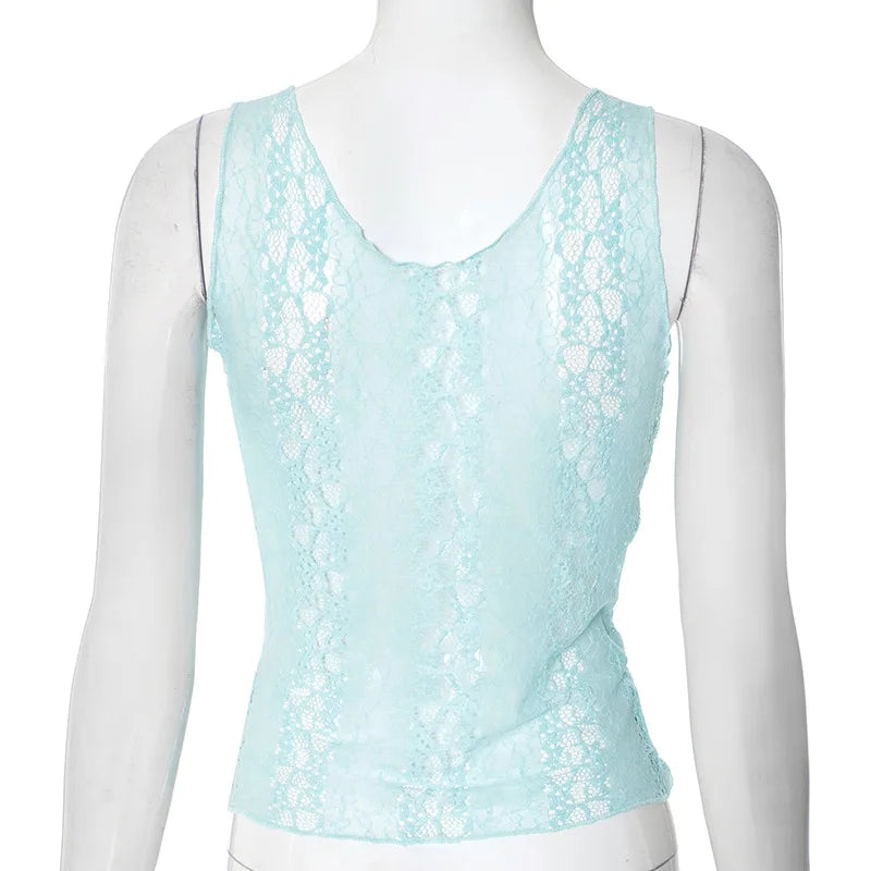 Sexy Deep V-neck See-through Sleeveless Blue T Shirt