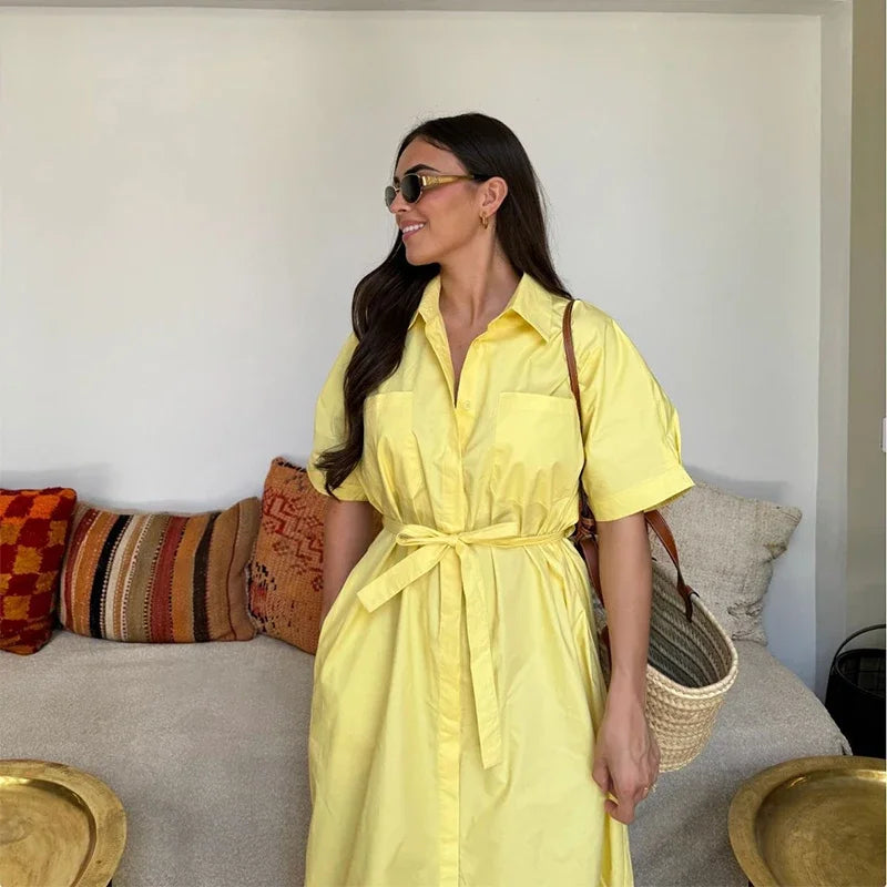 Lace Up Dress Single-Breasted Turn-Down Collar Short Sleeve