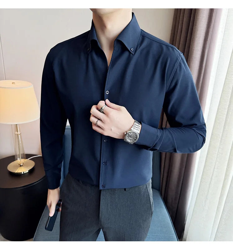 Men Dress Shirt 2025 Autumn British Style Solid Casual Slim Fit