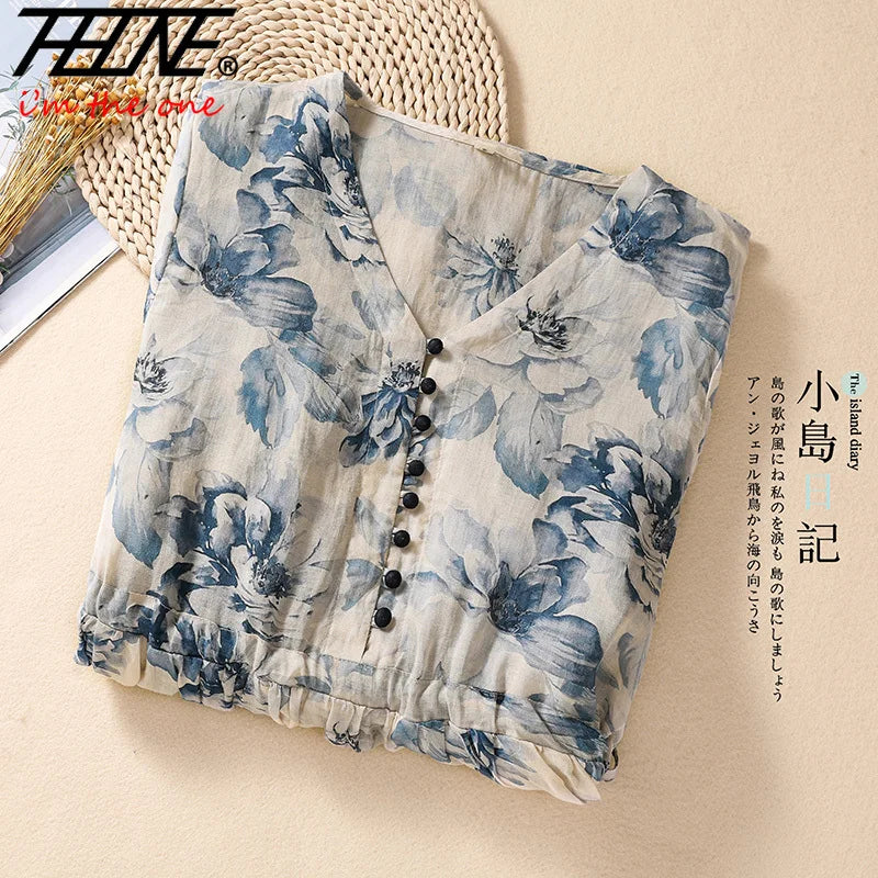 Casual Loose Print V Neck Short Sleeve