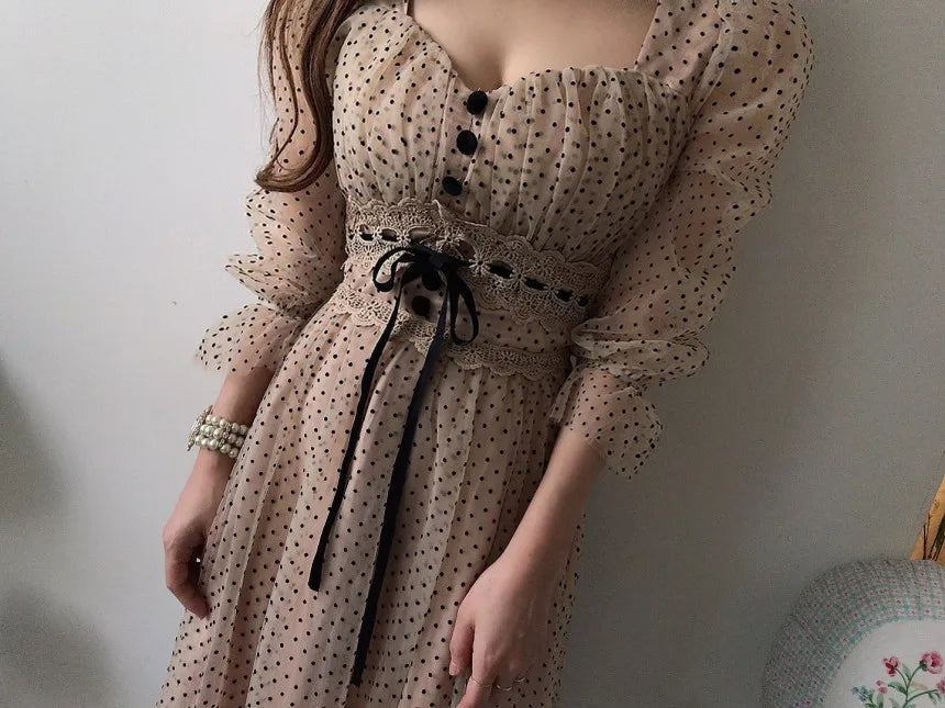 Vintage Dress Elegant Square Neck High