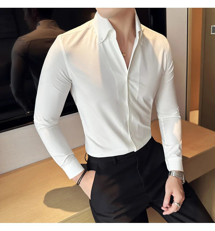 Men Dress Shirt 2025 Autumn British Style Solid Casual Slim Fit