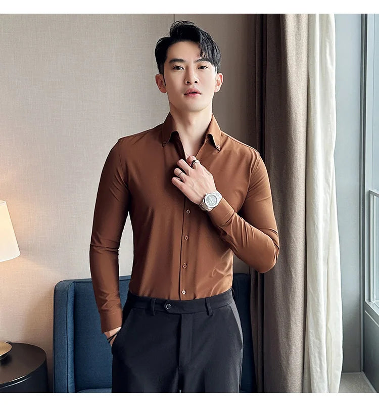 Men Dress Shirt 2025 Autumn British Style Solid Casual Slim Fit