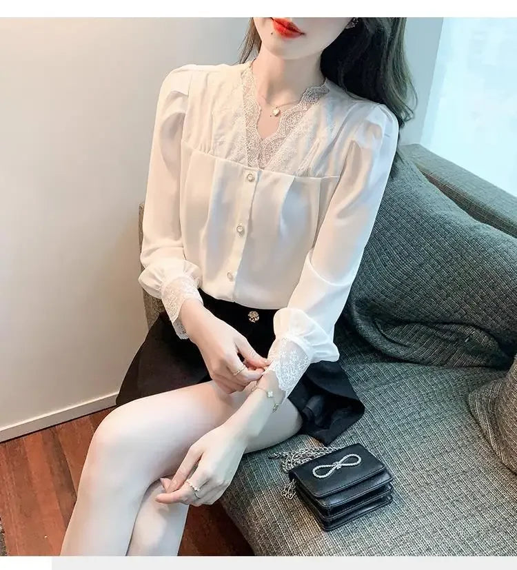 White Chiffon Blouse Spring New V-Neck