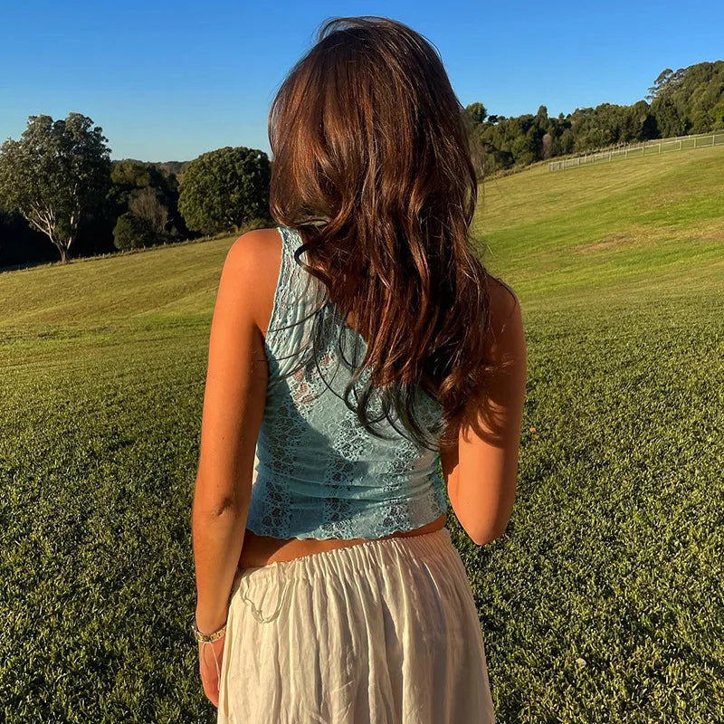 Sexy Deep V-neck See-through Sleeveless Blue T Shirt