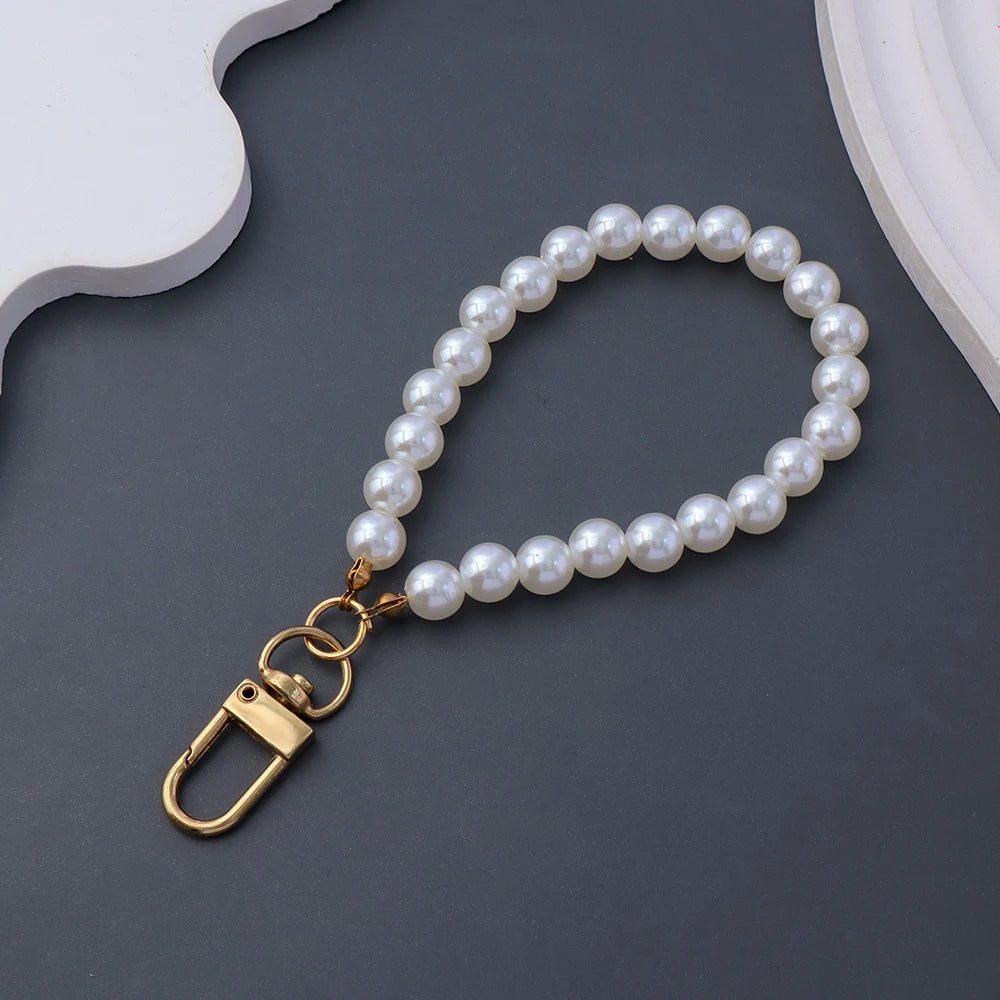 Classic Imitation Pearl Chain With Keyring Women Girls Anti-Loss Beaded