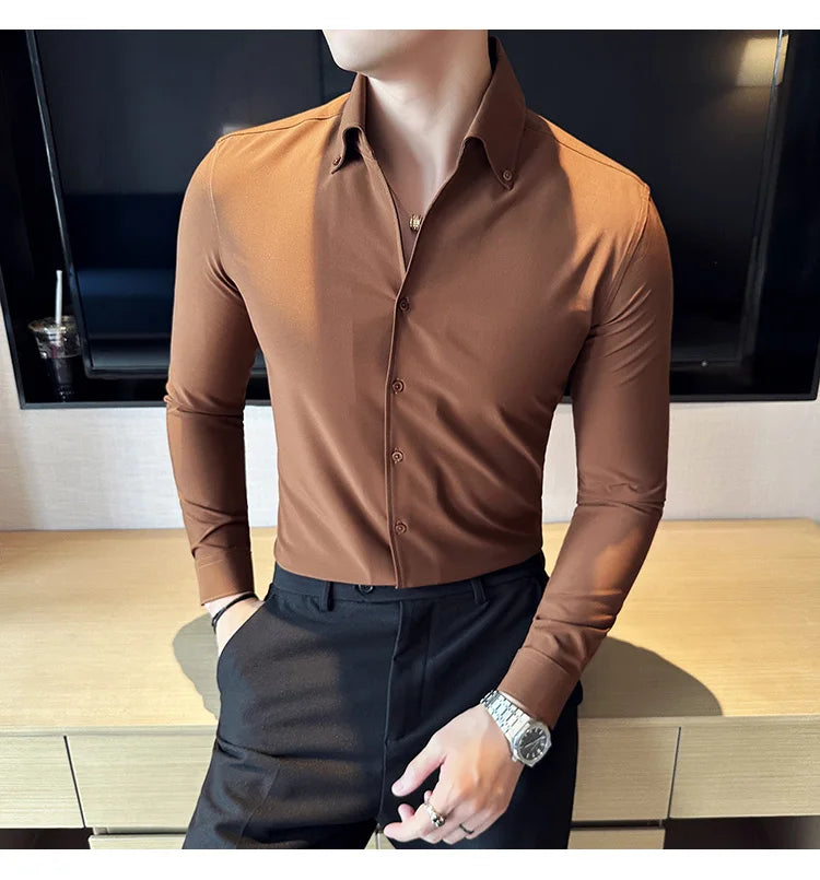 Men Dress Shirt 2025 Autumn British Style Solid Casual Slim Fit