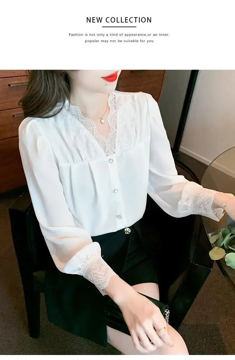 White Chiffon Blouse Spring New V-Neck