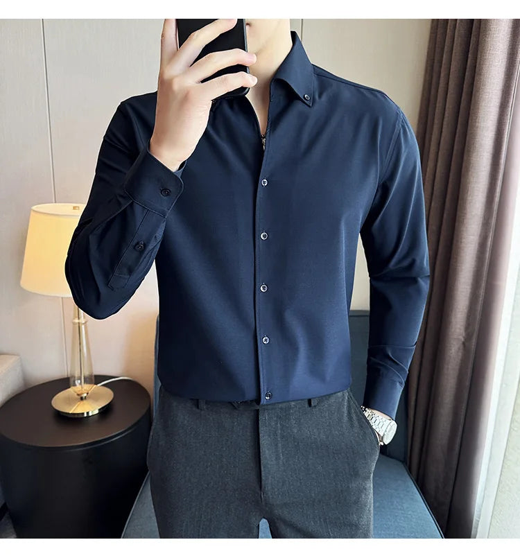 Men Dress Shirt 2025 Autumn British Style Solid Casual Slim Fit