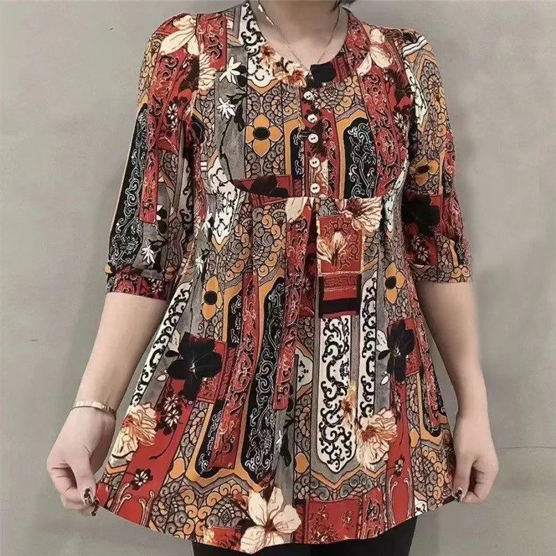 Ethnic Style Ice Silk T-shirt Summer Fashion O Neck