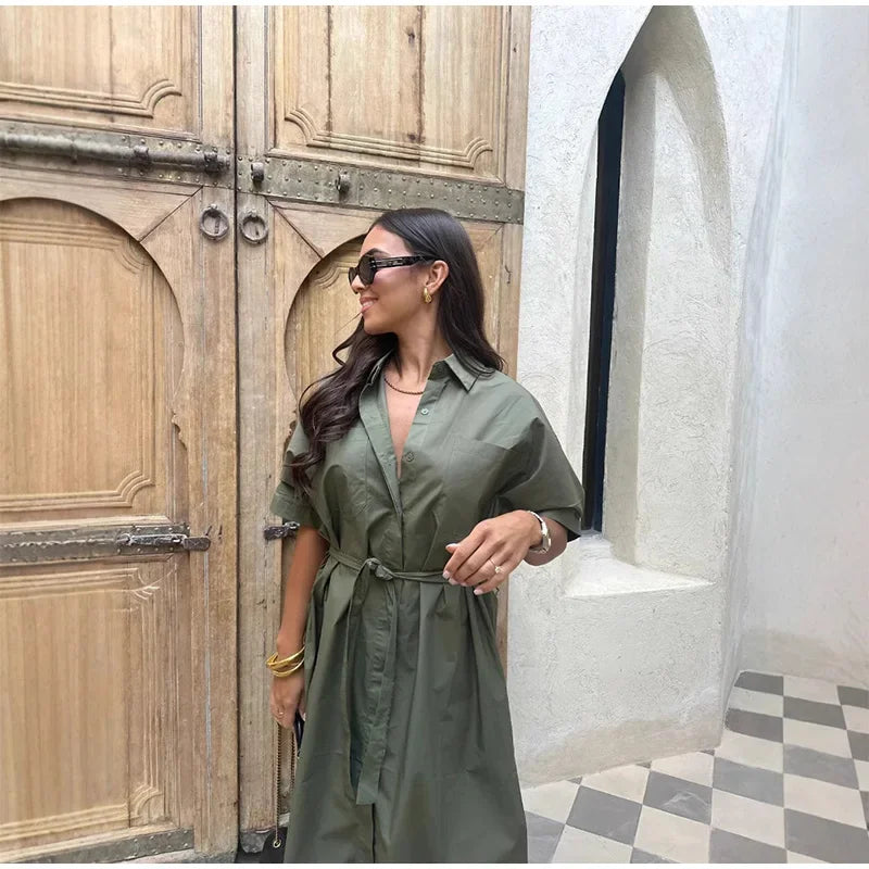 Lace Up Dress Single-Breasted Turn-Down Collar Short Sleeve