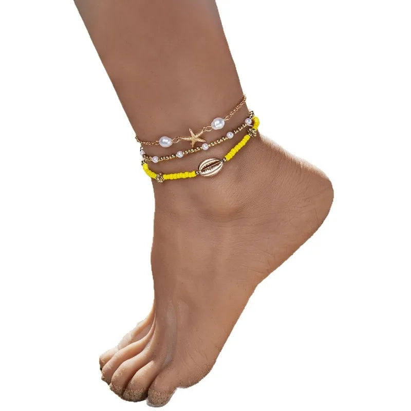 Women's Bohemian Style Beach Vacation Ankle Chains Three-Layer