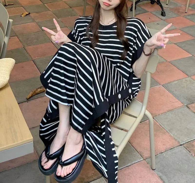 Casual Button Split Striped Dresses Short Sleeve Summer