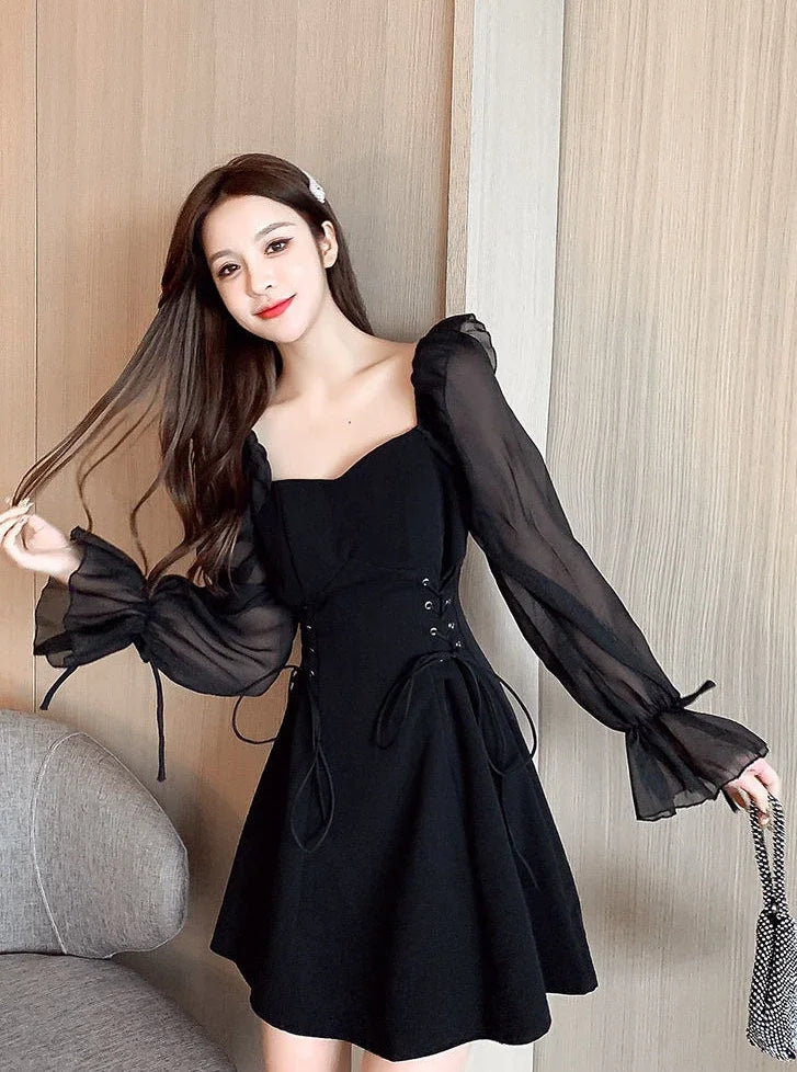 Silk Satin Chiffon Dress Sexy Black