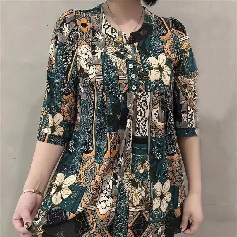 Ethnic Style Ice Silk T-shirt Summer Fashion O Neck
