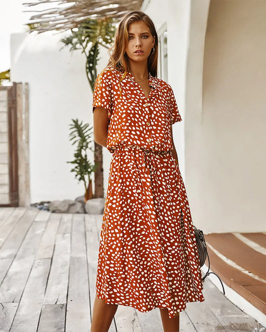 Vintage Floral Print Dress Boho Short Sleeve Long Dress Turn Down