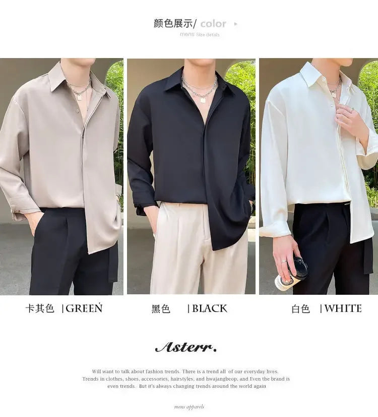 Men's Clothing Gray Chiffon Shirt Spring Fall Korean Style Loose Fit