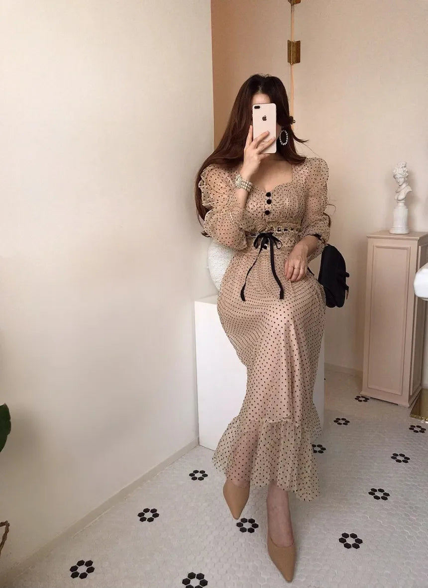 Vintage Dress Elegant Square Neck High