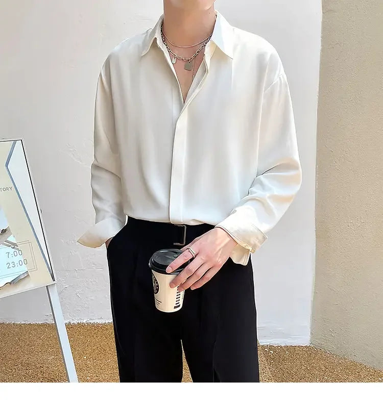 Men's Clothing Gray Chiffon Shirt Spring Fall Korean Style Loose Fit