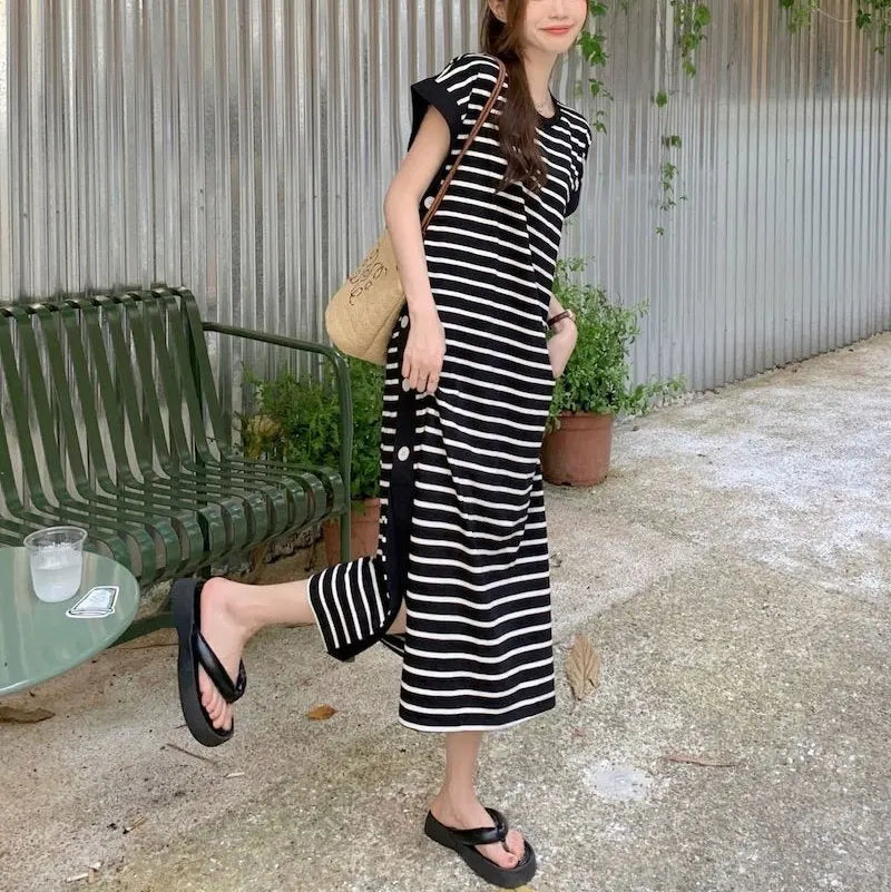 Casual Button Split Striped Dresses Short Sleeve Summer