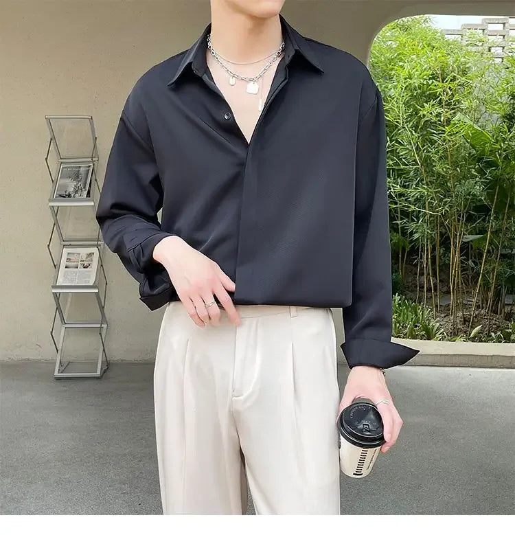 Men's Clothing Gray Chiffon Shirt Spring Fall Korean Style Loose Fit