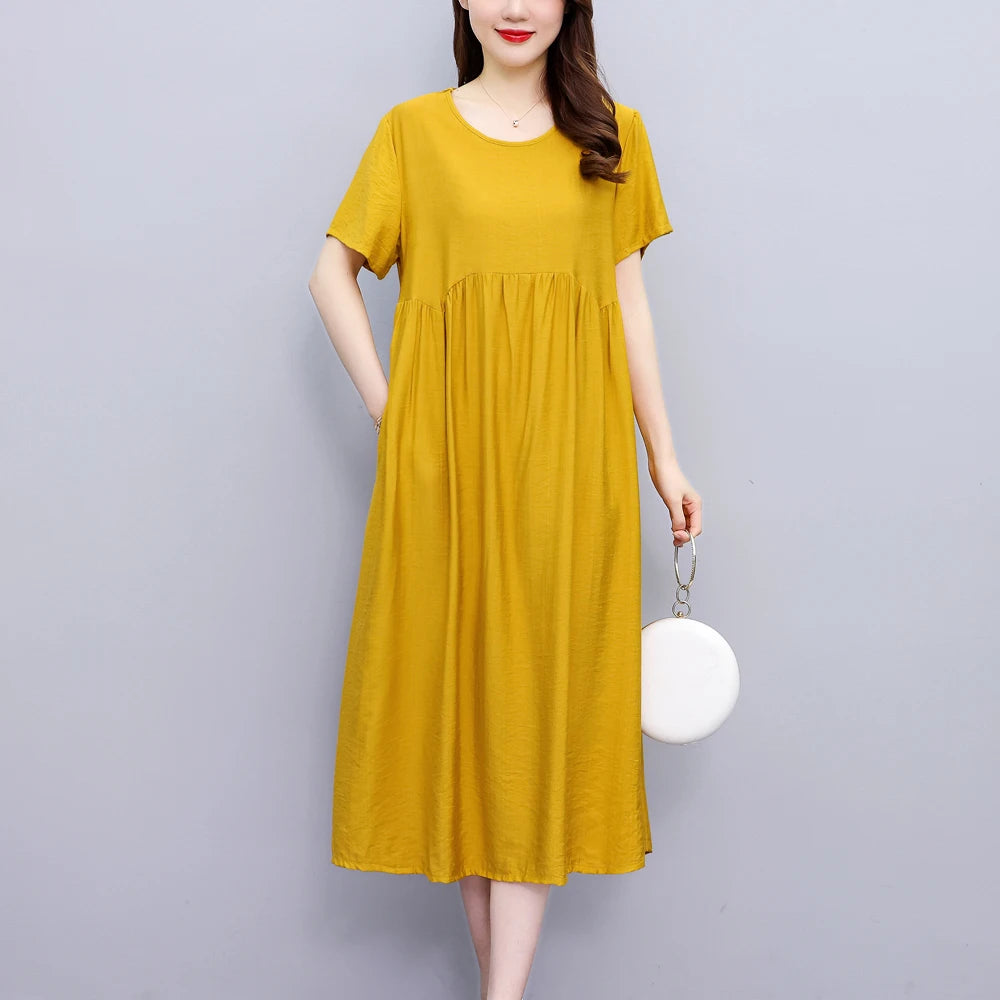 Vintage Elegant Short Sleeve Solid Women Dress O-Neck Dresses
