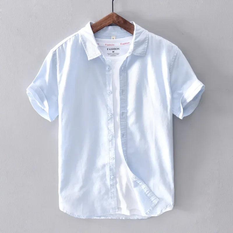 Cotton Linen Short Sleeve Shirts For Men Casual Fashion Yellow Turn Down