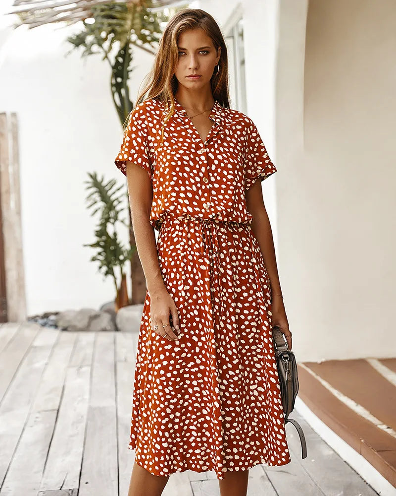 Vintage Floral Print Dress Boho Short Sleeve Long Dress Turn Down