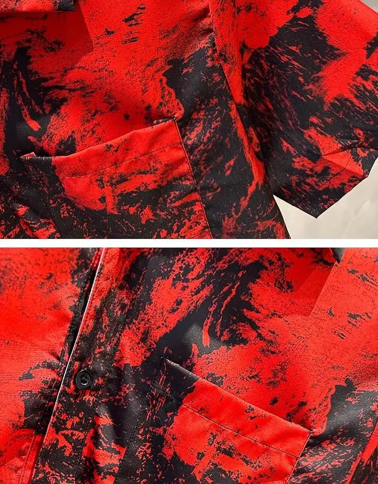 Vintage Print Button Up Shirt Casual Streetwear Y2K Short Sleeve