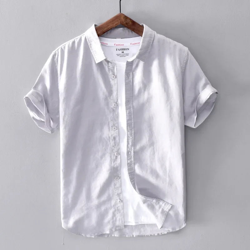 Cotton Linen Short Sleeve Shirts For Men Casual Fashion Yellow Turn Down