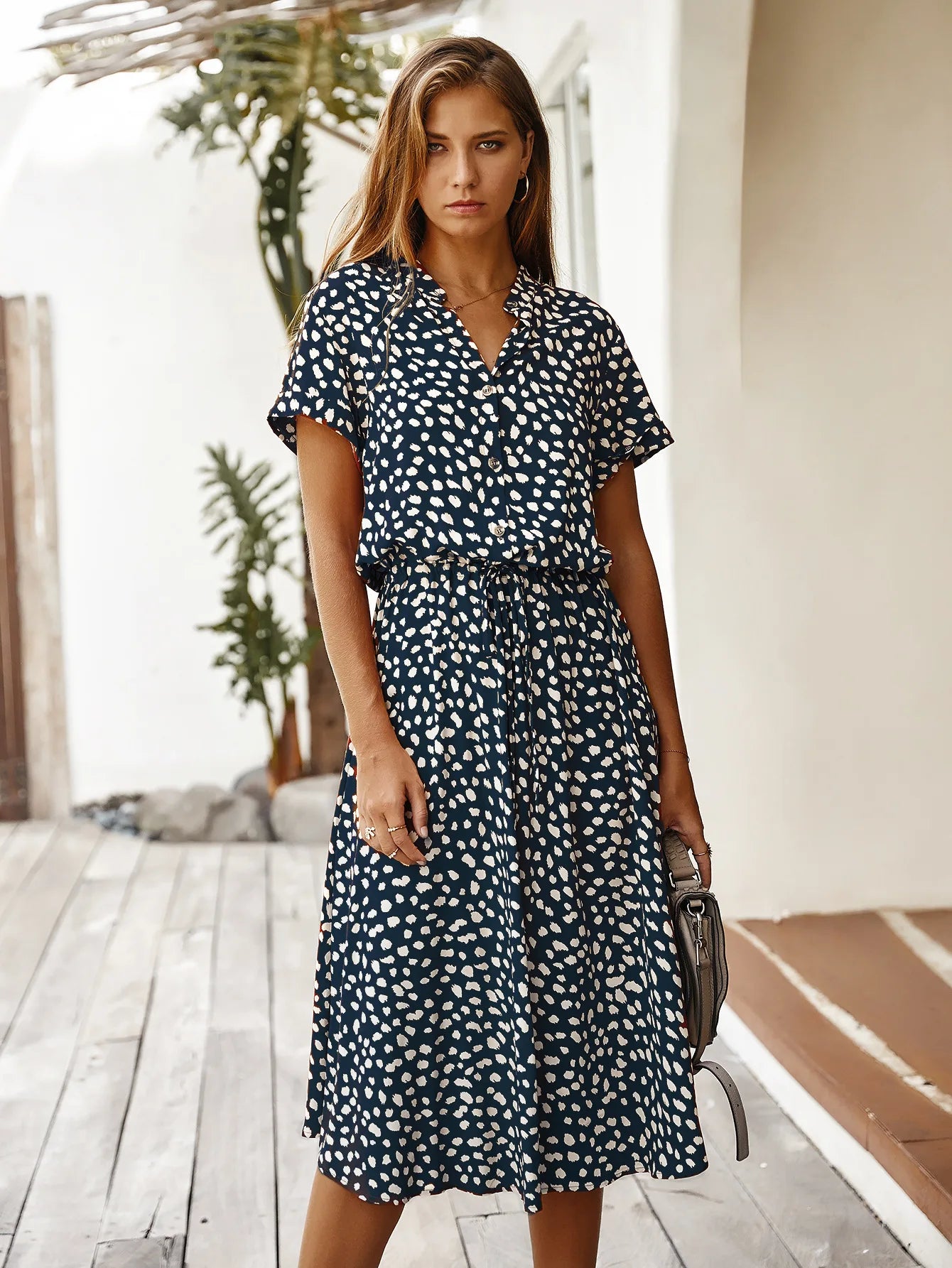 Vintage Floral Print Dress Boho Short Sleeve Long Dress Turn Down