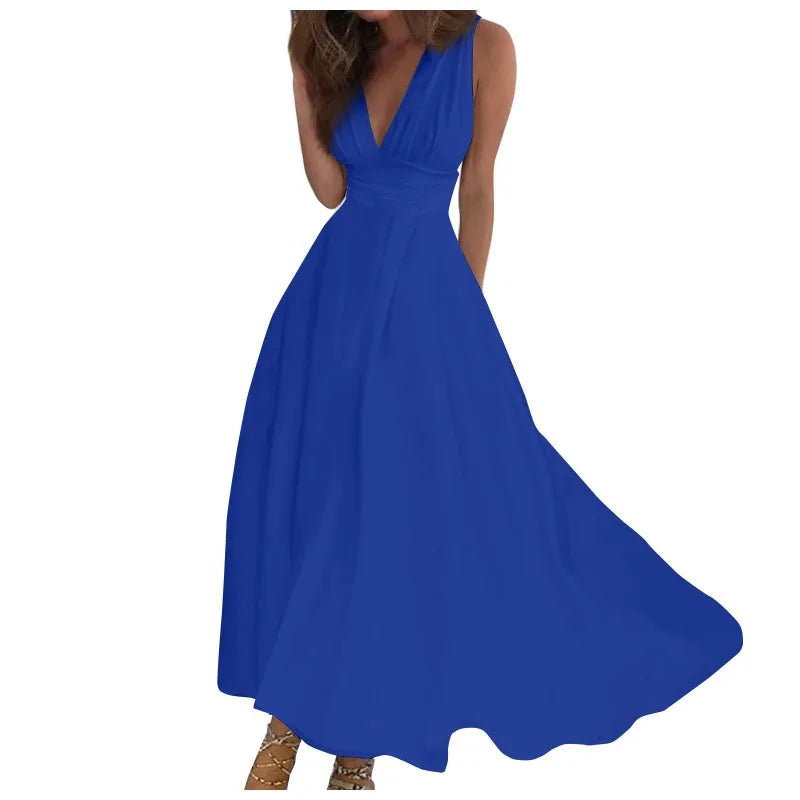 Sleeveless V Neck Side Zipper Style Long Dress Elegant Sundress