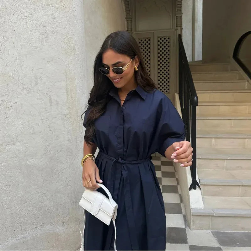 Lace Up Dress Single-Breasted Turn-Down Collar Short Sleeve