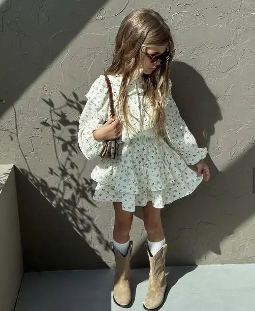 Girl's Dress Autumn Floral Lace Shirt+Cake Skirt Two-piece Set