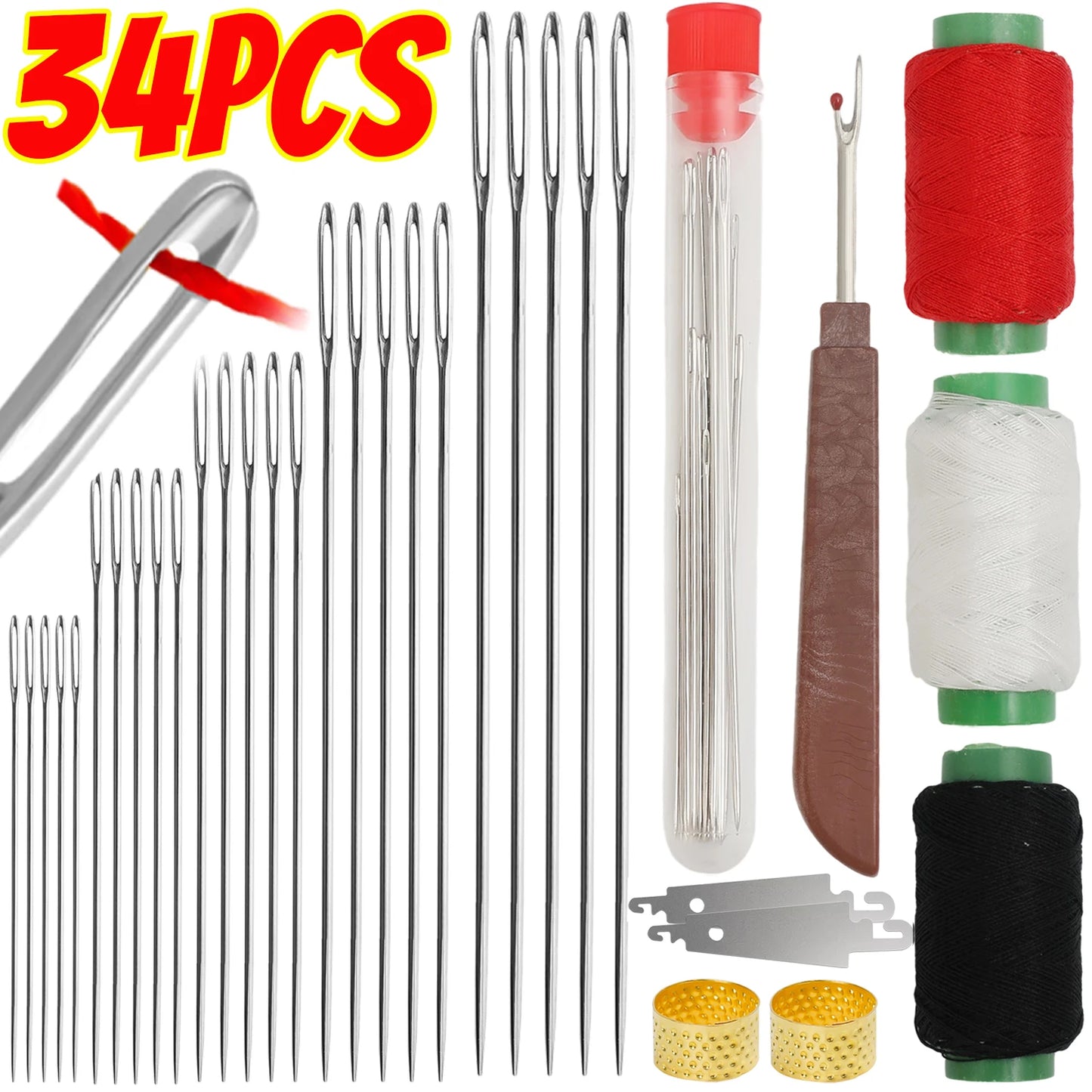 Sewing Needle Set with Needle Piercer Top Needle Big Eyed Stainless Steel Sewing Needles Household DIY Apparel Sewing Supplies