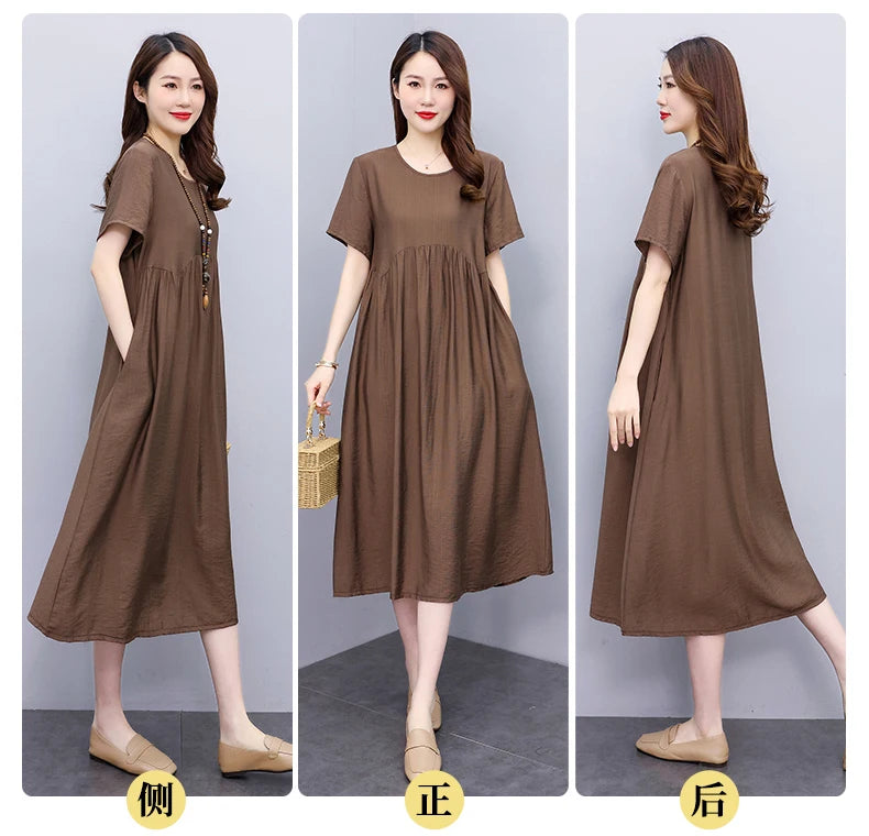 Vintage Elegant Short Sleeve Solid Women Dress O-Neck Dresses