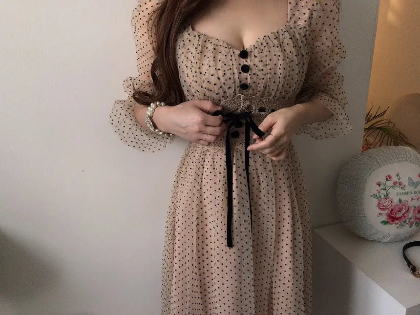 Vintage Dress Elegant Square Neck High